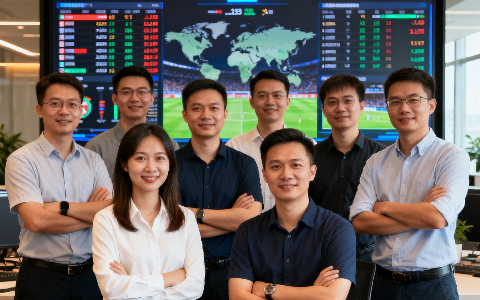 天天盈球核心团队成员在深圳南山科技园办公室的合影，背景是数据大屏实时显示全球赛事数据